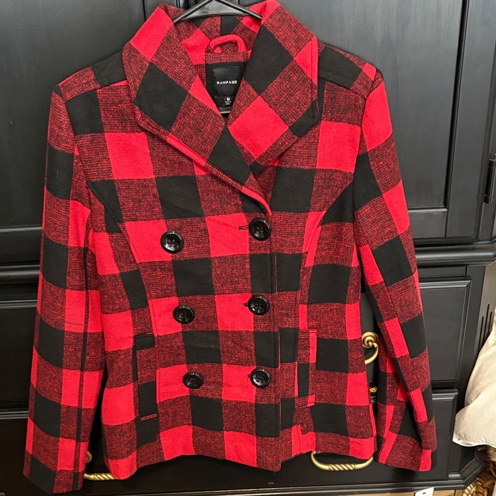 Red and Black Plaid Pea Coat